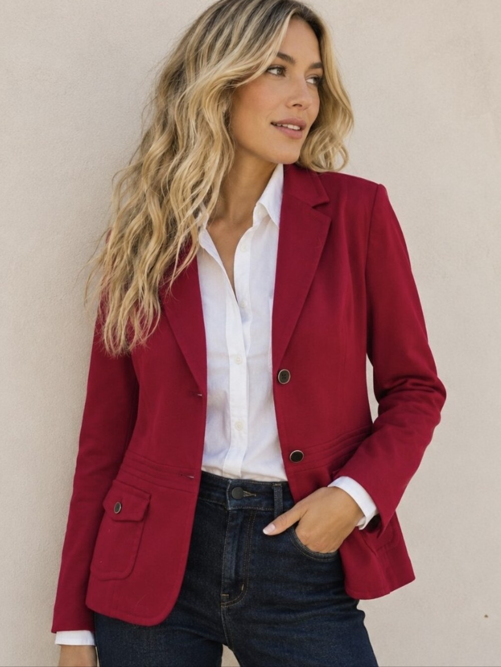 Vtg Talbots Red Wool Blazer Jacket Y2K Stretch Button Front Women's Size 16